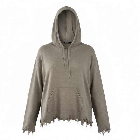 mittoshop Sweaters - MITTOSHOP Women’s Sweater Hoodie Fringe Raw Edges Distressed Tan